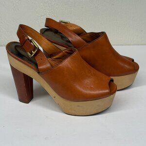 Coach Petrina Platform Sandals Brown Leather Slingback Peep Toe Size 7.5B